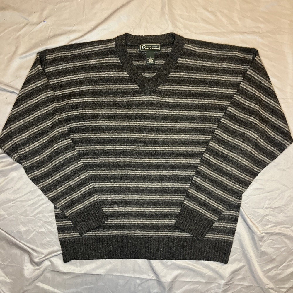 VTG Croft And Barrow Size L Lambswool Sweater Made In Australia Striped V-neck‎